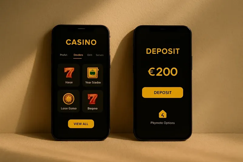 Casino App Smartphones Two angled smartphones showing dark casino lobby and deposit screen
