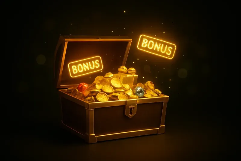 Golden treasure chest bursting with coins, gems, gifts, and bonus tags