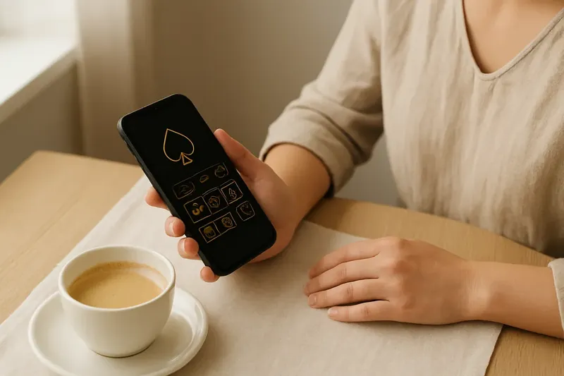 Person at cafe table using smartphone with dark casino app
